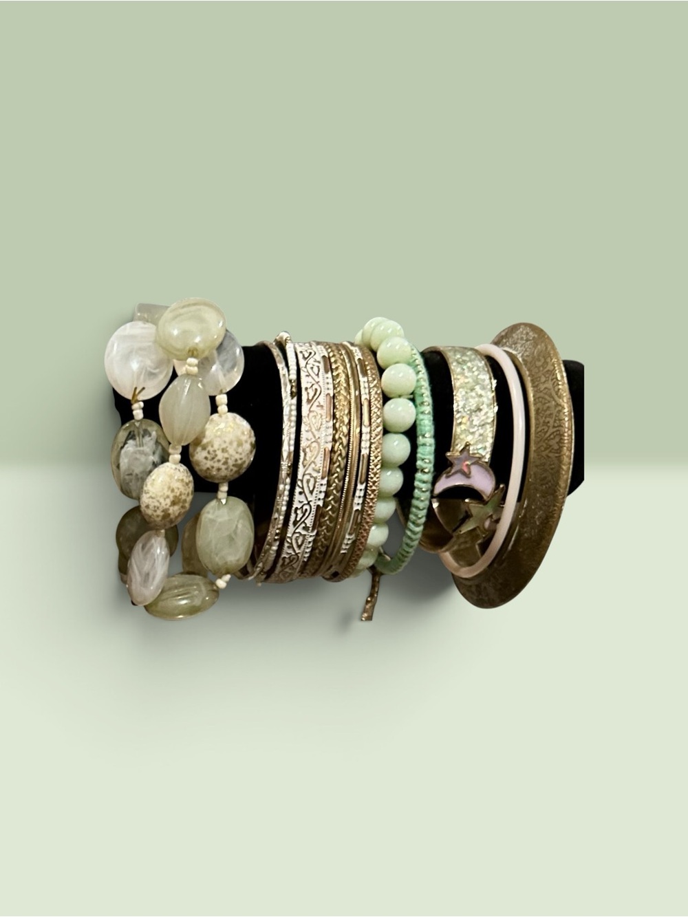 Boho Sage Green Beaded Bracelet Stack Brass Bangles Celestial Moon Star Set